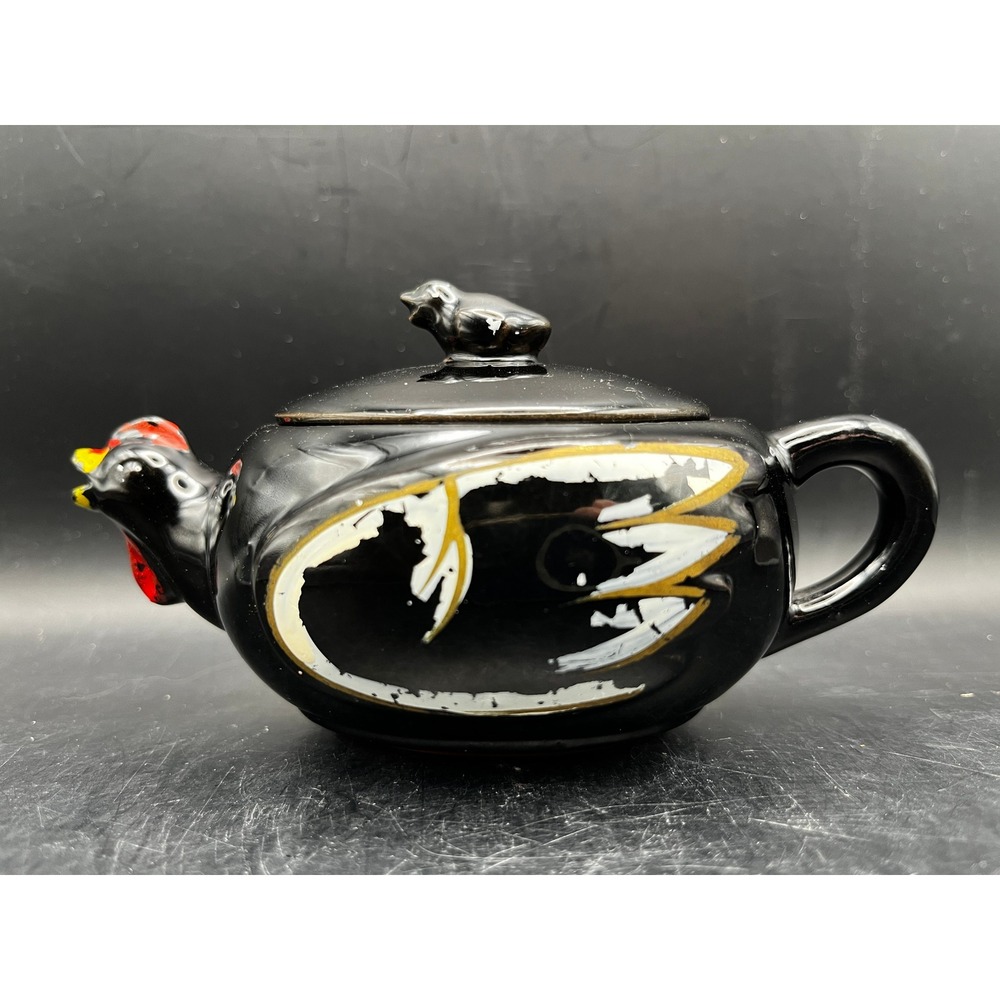 Vtg 1950s Redware Black Chicken Hen Creamer Small Teapot Rooster‎ Kitchen As Is